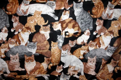 VINTAGE CRANSTON- CATS AND KITTENS ON BLACK - 100% COTTON FABRIC - Image 1 of 4