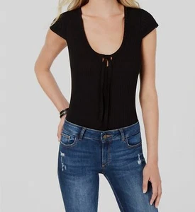 New $120 Project 28 Women's Black Ribbed Scoop-Neck Short-Sleeve Bodysuit Size L - Picture 1 of 2
