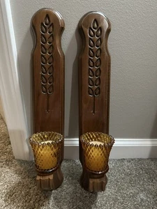 VTG Wood sconces Wheat With Amber Glass candleholders 18” x 3.5” Set 2 - Picture 1 of 7