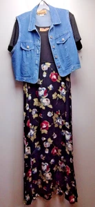 Studio Ease Floral Maxi Dress Size 14 Black Rayon With Side Slits Vintage - Picture 1 of 5