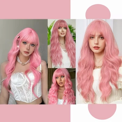 ❤️MUJERES SEXY❤️ Pelucas rosas de onda profunda de 28 pulgadas con flequillo❤️ NUEVAS ❤️ Foto 1 de 4