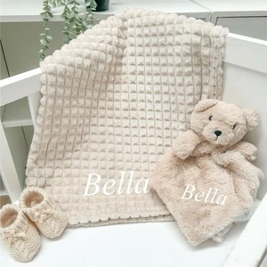 Personalised Embroidered Beige Baby Blanket and Optional Teddy Comforter - Picture 1 of 3