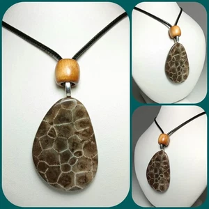 Petoskey Stein HANDPOLIERT Anhänger Halskette Michigan Fossil 22"   - Bild 1 von 7