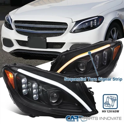 Fits Black 2015-2018 Mercedes W205 C300 C350 Switchback LED Projector Headlights — 第 1/4 张图片