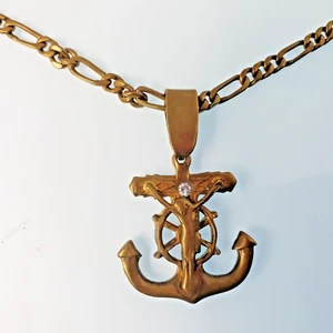 Cruz Crucifijo SAILOR 20 pulgadas cadena antigua piedra facetada cierre latón en muy buena condición - Imagen 1 de 13