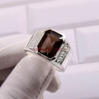 Piedras preciosas de cuarzo ahumado natural con anillo de plata de ley 925 para hombre #293 Foto 1 de 4