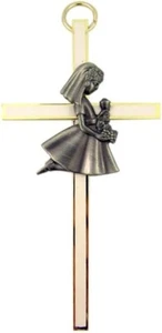 White Enamel First Holy Communion Brass Wall Cross, 4 Inch (Girl) - Picture 1 of 1