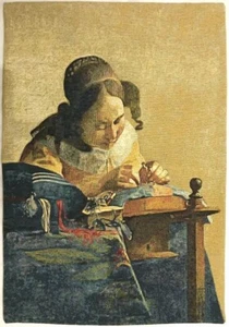 THE LACEMAKER, JOHANNES VERMEER 67CM X 46CM LINED BELGIAN TAPESTRY WALL HANGING - Picture 1 of 7