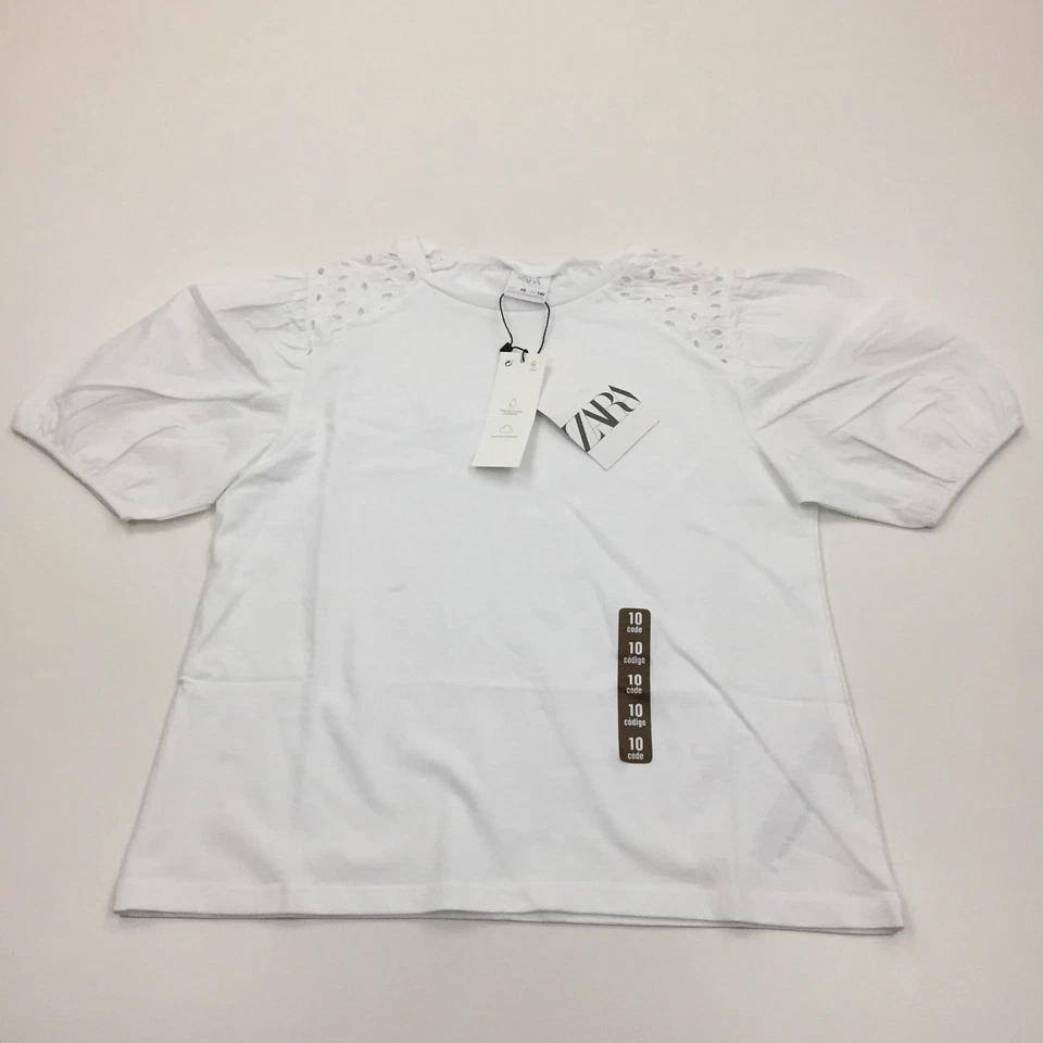 NWT ZARA Girls sz 10 White Eyelet Insert Puffed Short Sleeve Mixed Media Shirt - Image 1 of 4