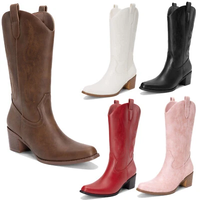 Mujeres Botas Occidentales Punta Cuadrada Vaquero Botas de Montar Bordadas Botas de Media Pantorrilla Foto 1 de 4