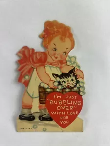 Biglietto San Valentino Vintage Ragazza Regala Gatto Un Bagno Sto Gorgogliando Per Te - Foto 1 di 2