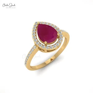14k Solid Gold Halo Ring 1.17 CT Real Ruby & Diamond Ring For Anniversary Gift - Picture 1 of 23