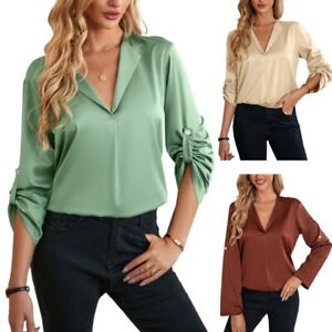 Womens Casual Solid Color Short Long Sleeve Chiffon Blouses Summer Top Shirt