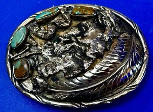 Navajo Turquoise Stones & Feathers Native American Indian Sterling Belt Buckle - Picture 1 of 18