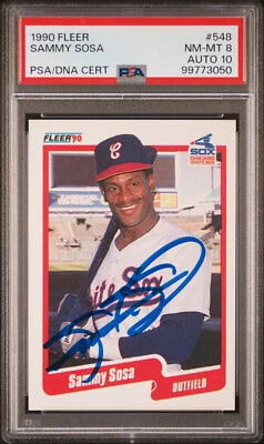 1990 CUBS Sammy Sosa signed ROOKIE card Fleer #548 PSA 8 AUTO 10 RC White Sox - Image 1 of 2