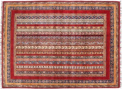 Afghan Khorjin Shawl Carpet 150x200 Hand-Knotted Red Stripes Orient Short Pile - Image 1 of 4