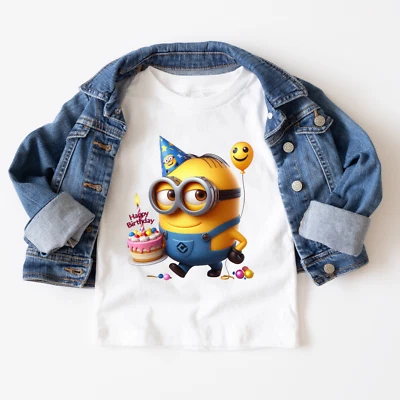 ALEXANDRASHANDMADEGB Minions Birthday White printed Crewneck T-shirt #00195
