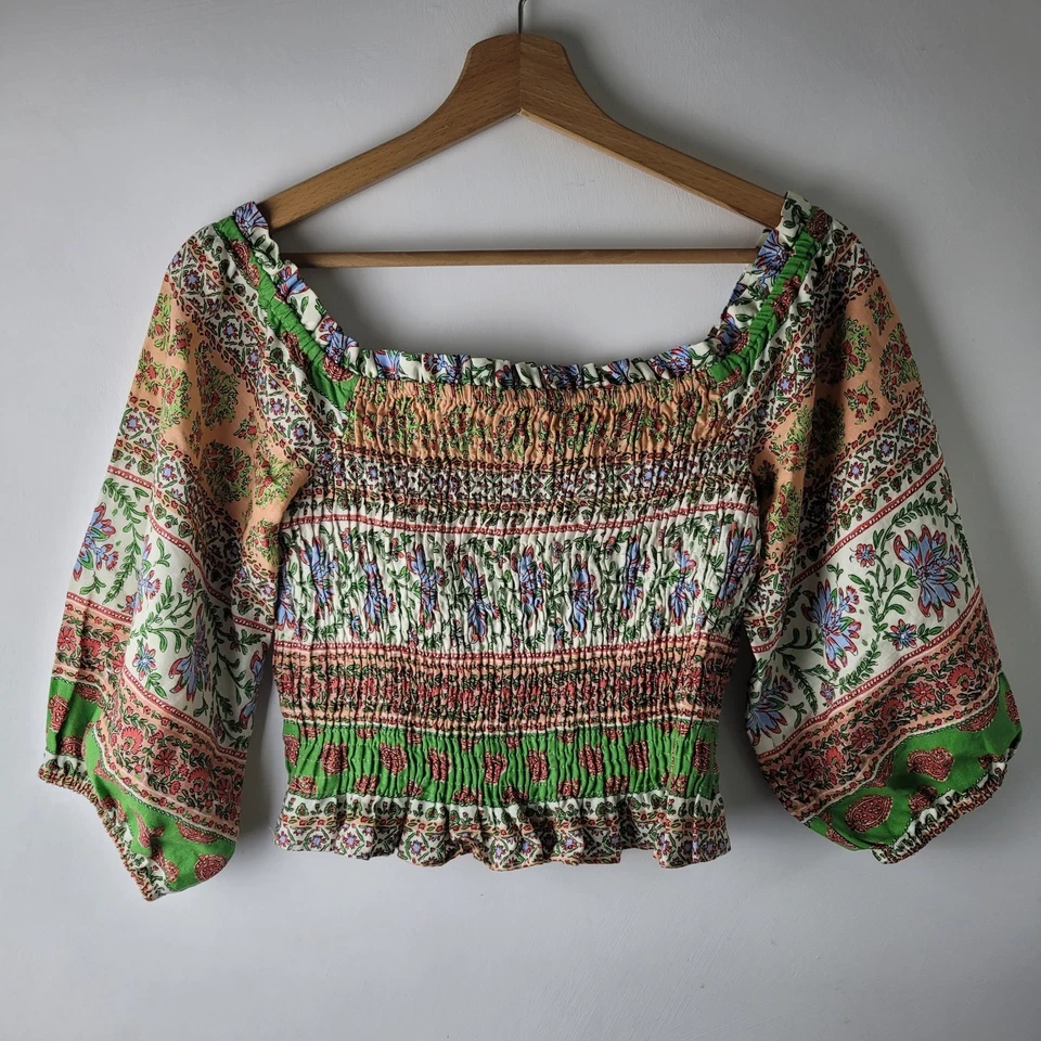Zara Women Size M Coloured Floral Linen Blend Smocked Top Blouse Summer Casual - Image 1 of 4