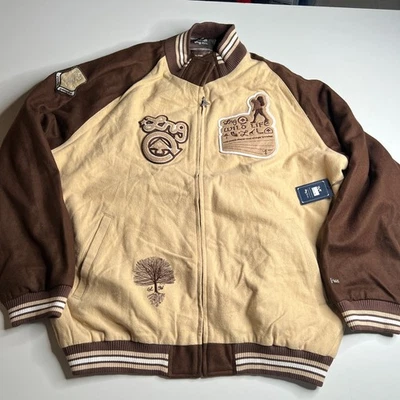 LRG Roots & Equipment XXXL Wool Blend Varsity Jacket Brown Tan Graphic Back Y2K - Image 1 of 4