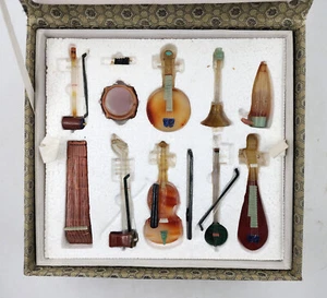 10 VTG Chinese Semi Precious Stone  Miniature Instruments w/ Stands - Picture 1 of 10