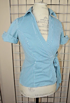 Camisa envolvente Guess vintage talla S/M años 90 verde blanco rayas mangas con puños algodón Foto 1 de 4