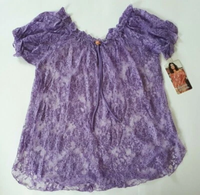 Shirley of Hollywood Size 18 Sheer Lilac Lace Off-Shoulder Nightshirt Nightie - Image 1 of 4