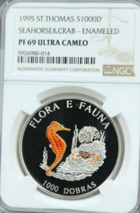 1995 ST THOMAS & PRINCE SILVER 1000 DOBRAS SEAHORSE NGC PF 69 ULTRA CAMEO TOP - Picture 1 of 3