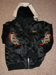 Vintage Korean Souvenir Dragon Embroidered Black Jacket w/Hood! Size XL - Picture 1 of 12