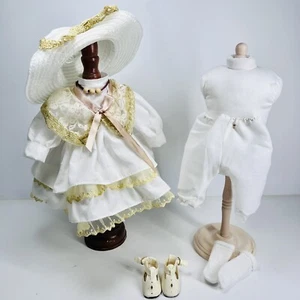 Doll Clothes 12” Sitting Doll Ivory Tan Dress Lace Hat Pantaloons Shoes - Picture 1 of 12