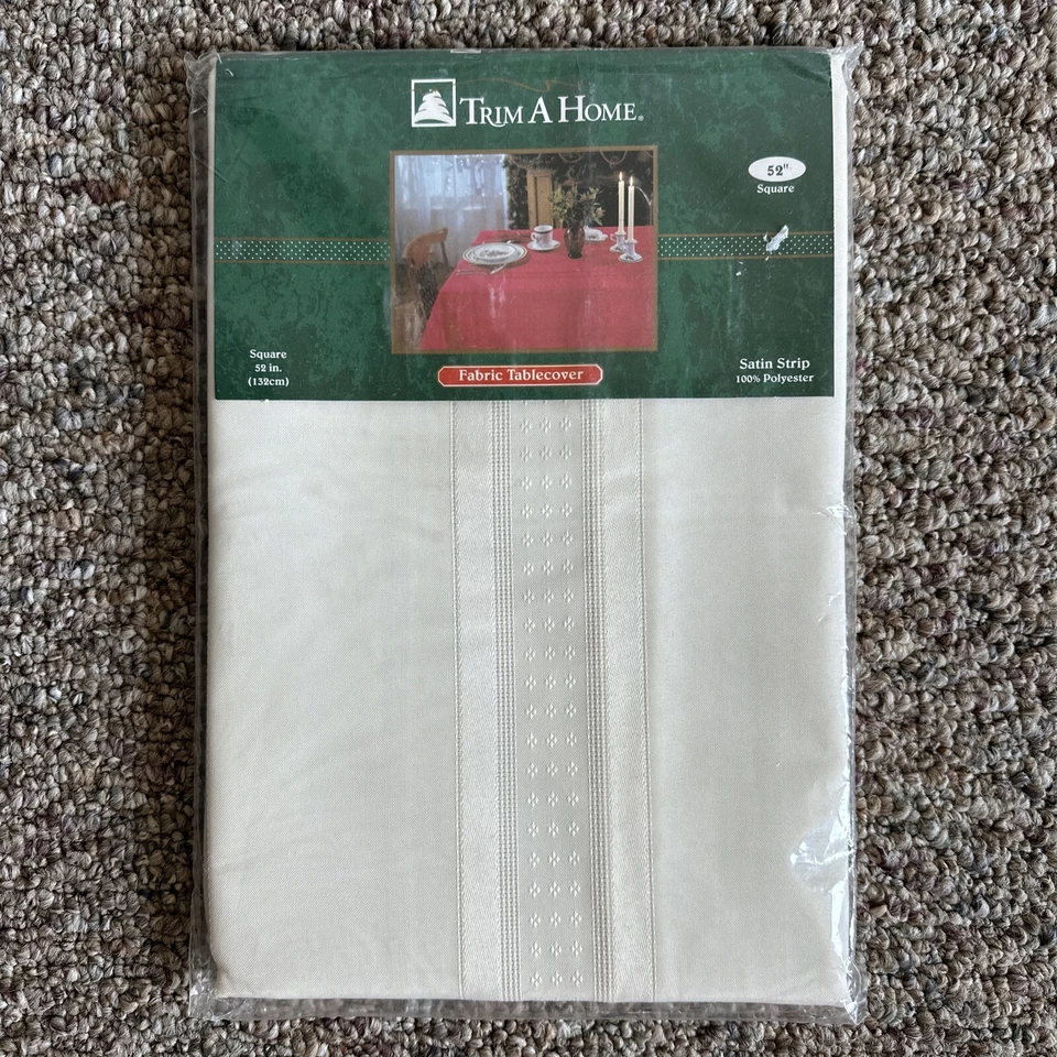 Trim A Home Satin Stripe Polyester Fabric Tablecloth 52x52” Square IVORY *NEW* - Image 1 of 4