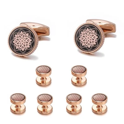 Gemelos redondos de oro rosa con patrón oriental con borde negro para uso formal Foto 1 de 4