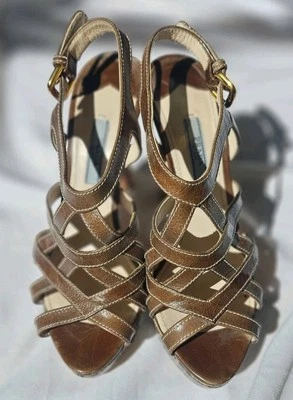 PRADA Brown Leather Caged Sandals Striped Wooden Heels Ankle Strap 36.5/6.5 Flaw - Image 1 of 4