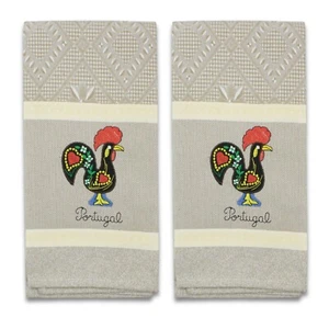 Set of 2 Beige Portuguese Rooster Kitchen Dish Towels - 100% Cotton - Picture 1 of 3