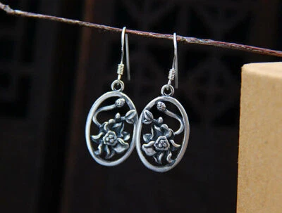 B25 Orecchini Asia Nepal Tibet Fiore In Cornice Ovale Argento 990 - Immagine 1 di 4