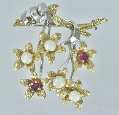 Vintage 14k Two Tone Gold Ruby Opal Flower Floral Brooch Pin - Image 1 of 4