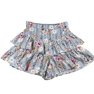 Dance & Marvel Floral Ruffle Layered Light Blue Chambray Lace Shorts Size Large - Picture 1 of 5