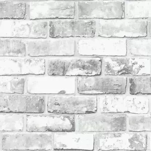 White Brick Wall with Grey Shimmer Tones Effect Faux Feature Wallpaper 6751 - Picture 1 of 2