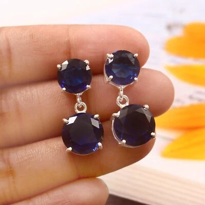 Blue Sapphire Quartz Round Gemstone Silver Plated Stud Earrings Dainty Jewelry - Image 1 of 3