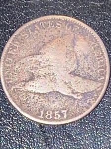 1857 Fliegender Adler Cent - schöne Details - Ding auf Rückseite - Bild 1 von 11