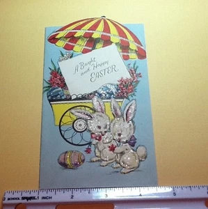 #C316- Vintage Easter Greeting Card Glittered Flower Card & White Bunnies - Picture 1 of 4
