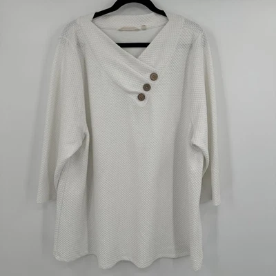 Suéter Soft Surroundings Mujer 3X Blanco Tejido Gofre Botón Capucha Cuello Túnica Foto 1 de 4