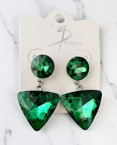1.75" Long Glass Forest Green Crystal Post Earrings Pageant Evening Casual Chic - Picture 1 of 3