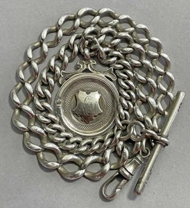Sterling Silver Graduated Albert Pocket Watch Chain & Fob  49g Vintage Antique e - Picture 1 of 18