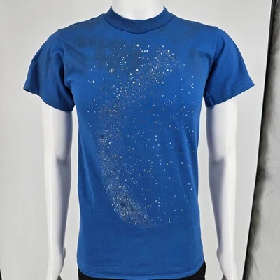 Vintage 1990s Oneita Blue/Silver Galaxy Glitter Print Single Stitch T-Shirt (S) - Image 1 of 4