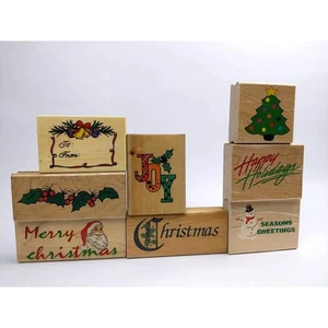 8 Merry Christmas Phrases Vintage Mounted Rubber Stamps Lot, Happy Holidays - Picture 1 of 8
