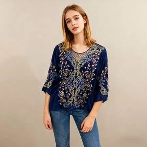 365 $ Neu ohne Etikett Johnny Was Tulum besticktes geblümtes Top Shirt Bluse Gr. S blau - Bild 1 von 18