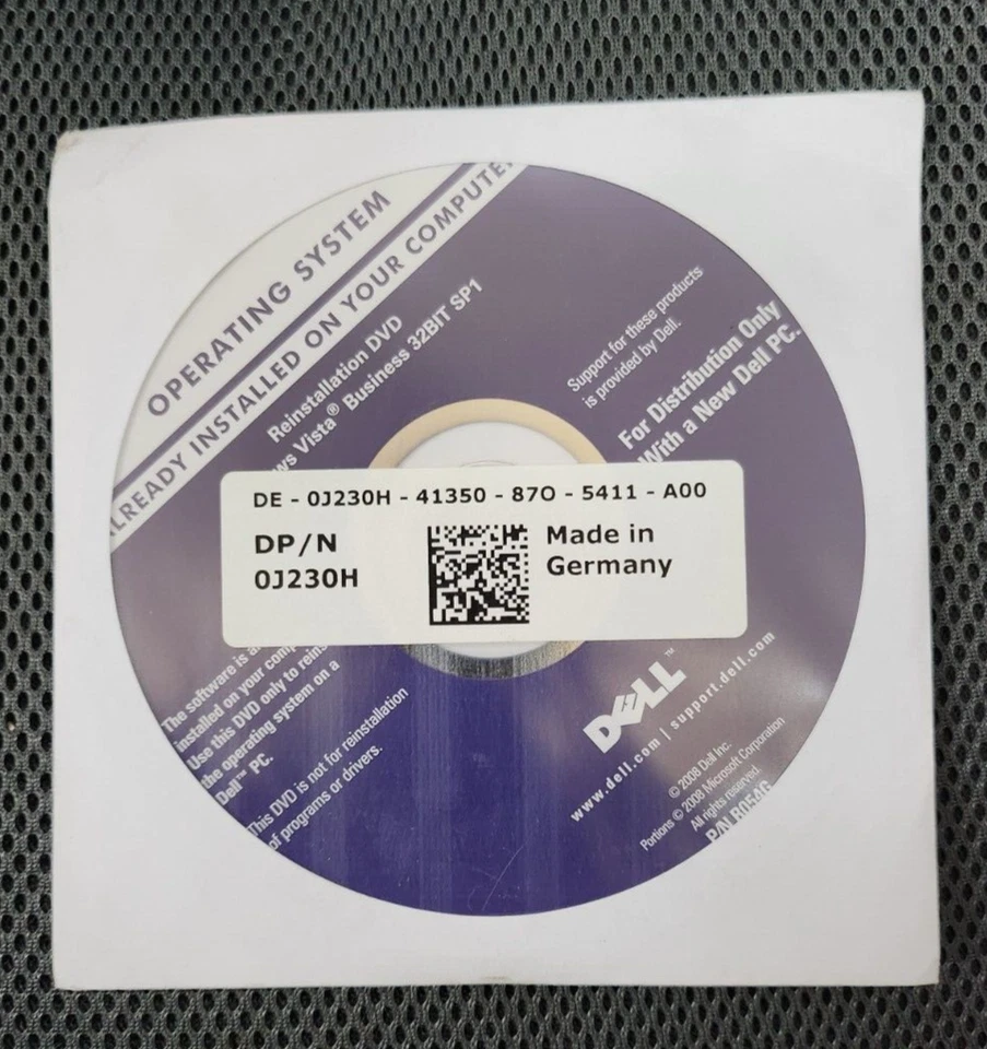 Dell J230H Reinstallation DVD Windows Vista Business 32-Bit SP1 (with YOUR COA) - Image 1 of 1