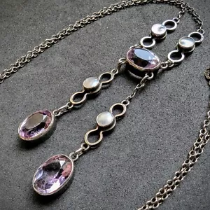 Jugendstil Lavalliere Collier 935 Silber Amethyst Perlmutt alt antik c. 1910 - Bild 1 von 12