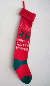 Large Knit Christmas Stocking Cuffed Red White Green ‘WINTER’ 2 Reindeer 27” NEW - Picture 1 of 3