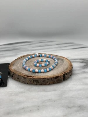 DELICATE PERIWINKLE BLUE CAT'S EYE & MOTHER  PEARL BRACELET - 4MM BEADED - Image 1 of 3